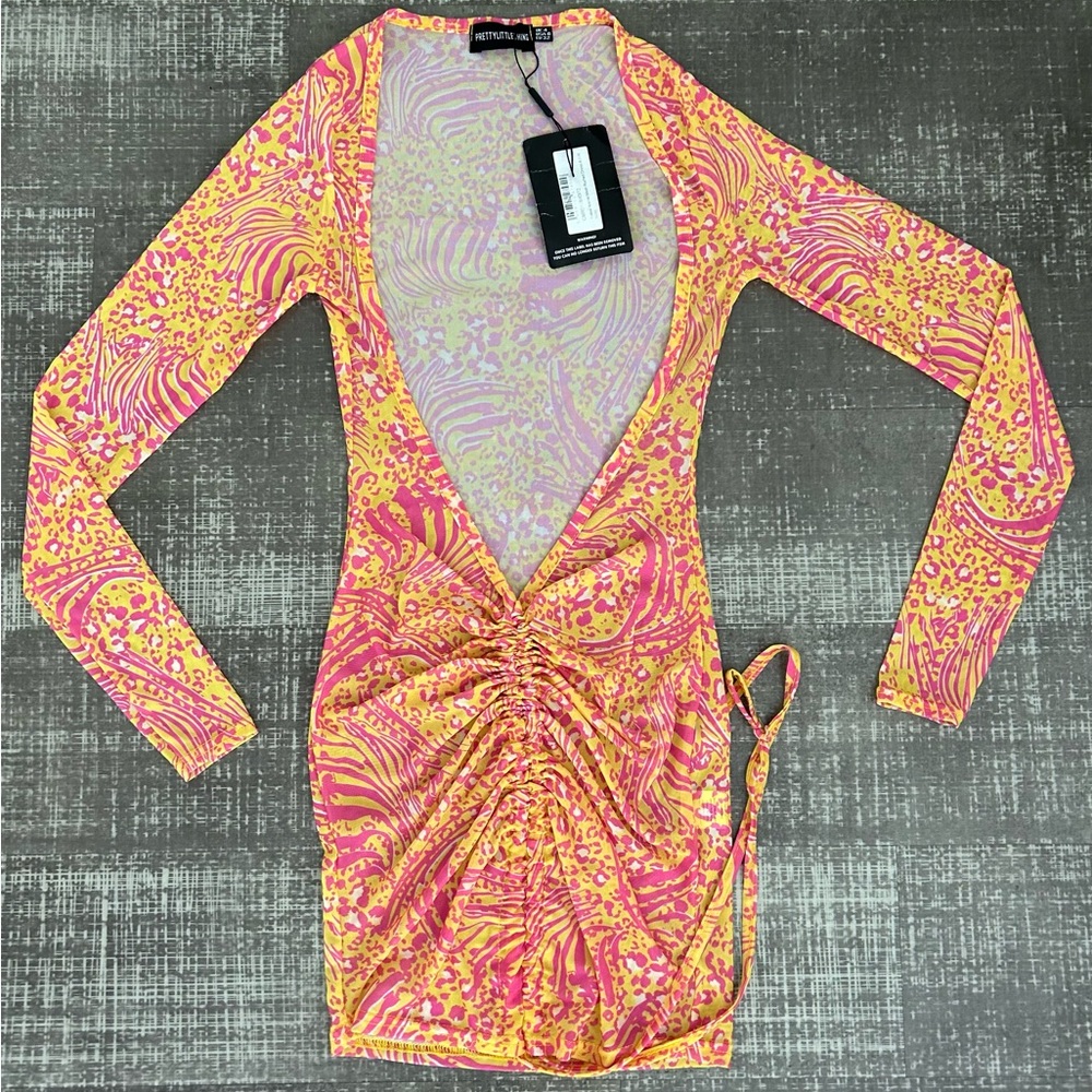 BRAND NEW! Yellow Animal Mesh Ruched Dress